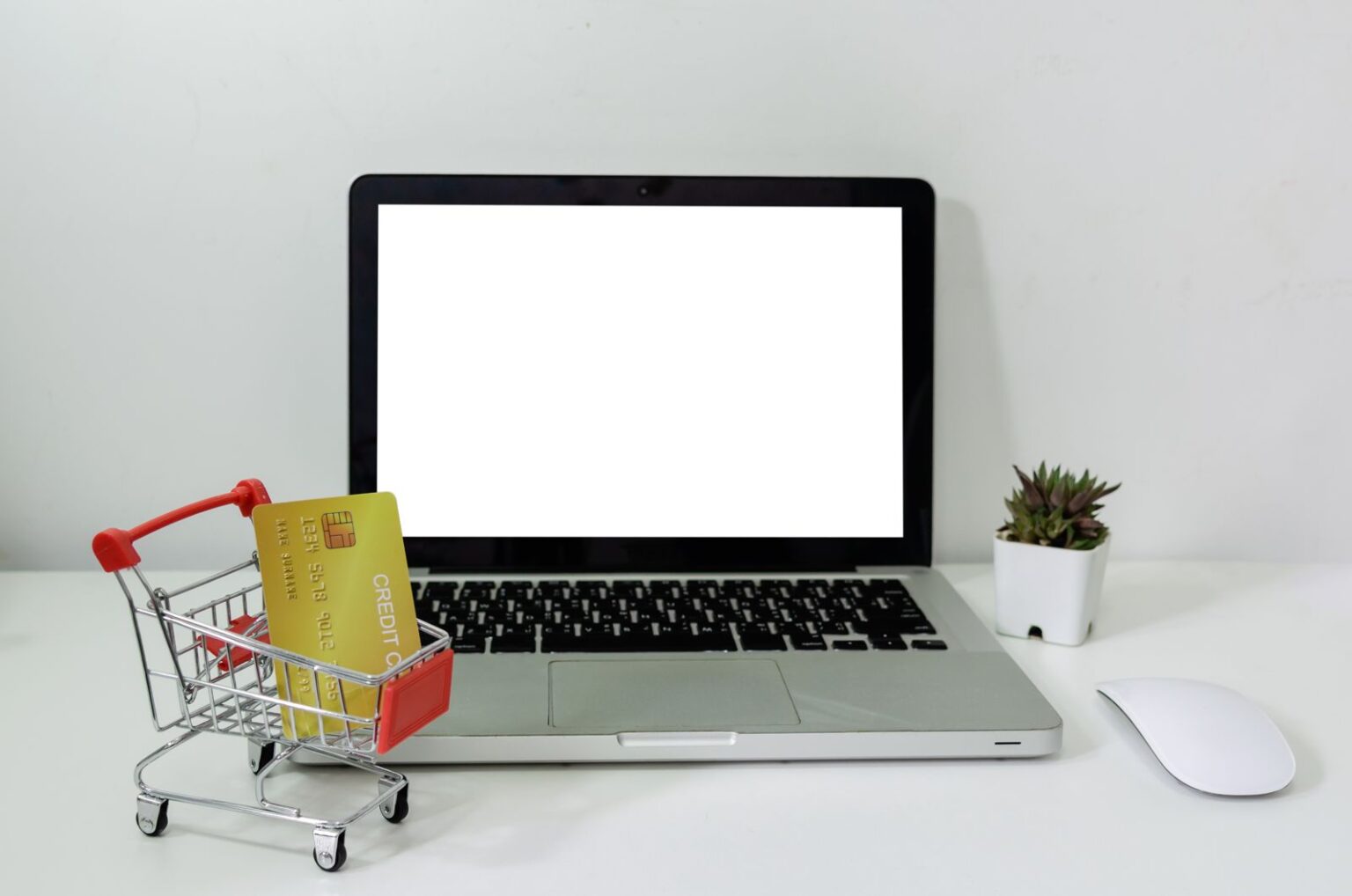 Ecommerce checkout with laptop, shopping cart and payment card